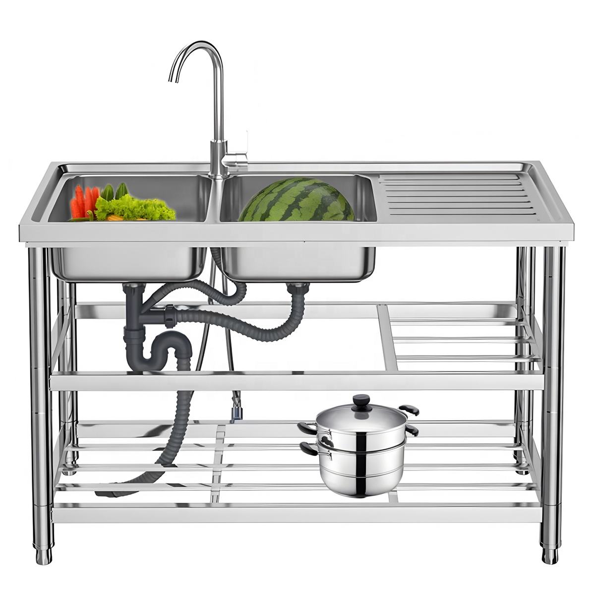 Multifunction Commercial Integrated Workbench Table & Storage Shelf Wash Basin Sinks Double Bowl Stainless Steel Kitchen Sink
