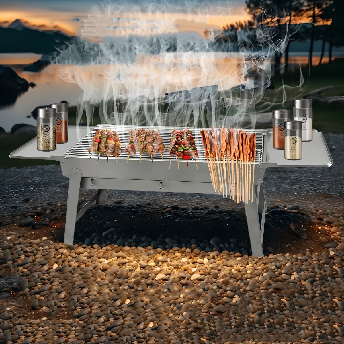 Freestanding portable stainless steel barbecue grill foldable outdoor picnic furniture with charcoal stove rack