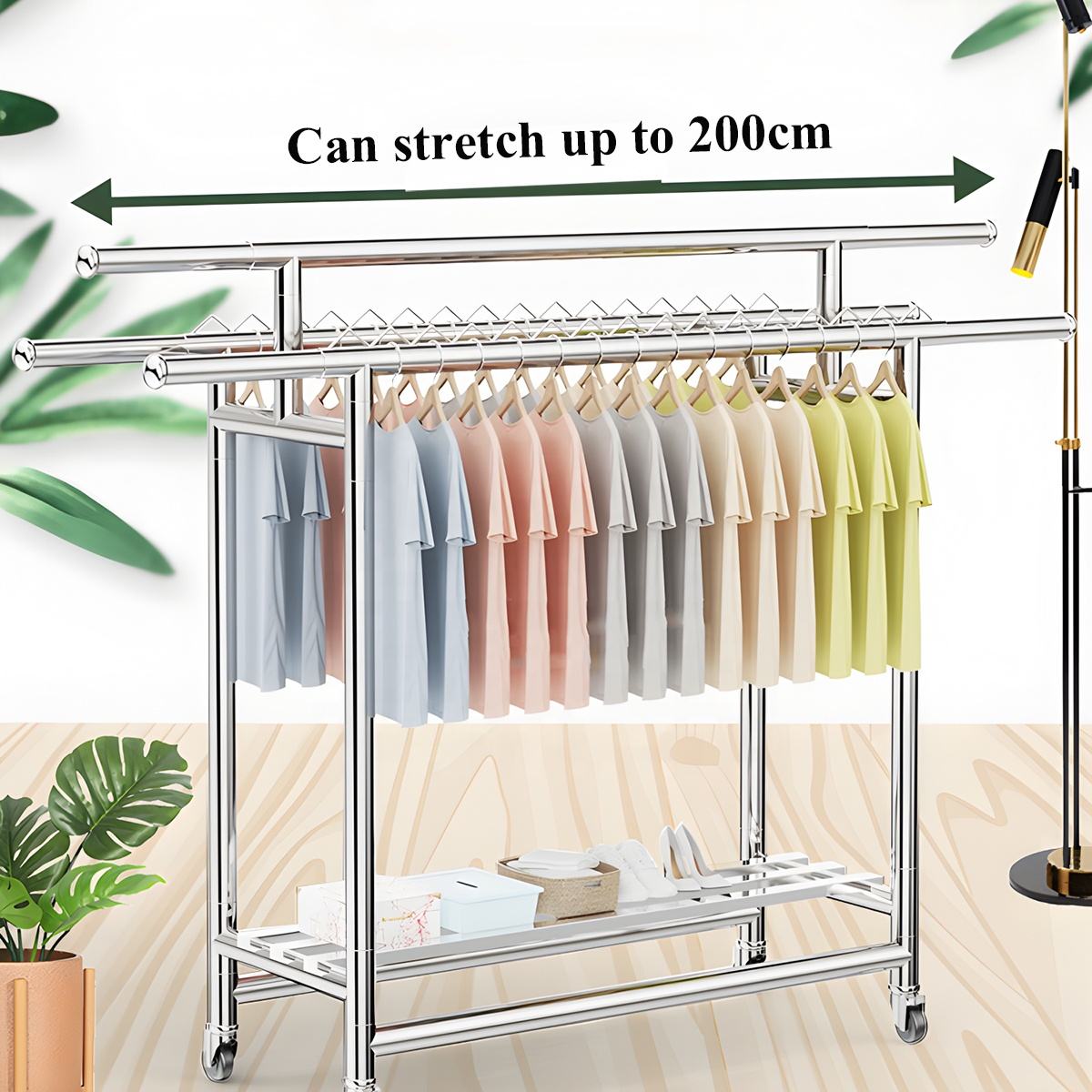 Telescopic removable stainless steel clothes rack, foldable and dry, indoor/outdoor portable clothes rack with bottom roller