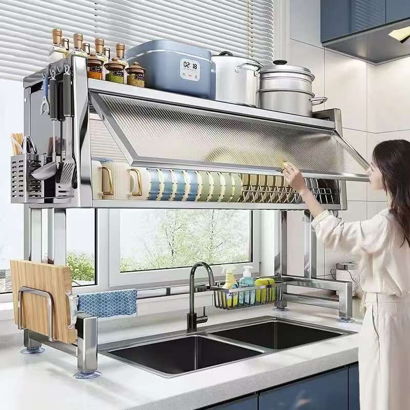 304 stainless steel kitchen sink storage rack, dish rack, sink for placing dishes, draining and storage rack, cabinet door dust-proof