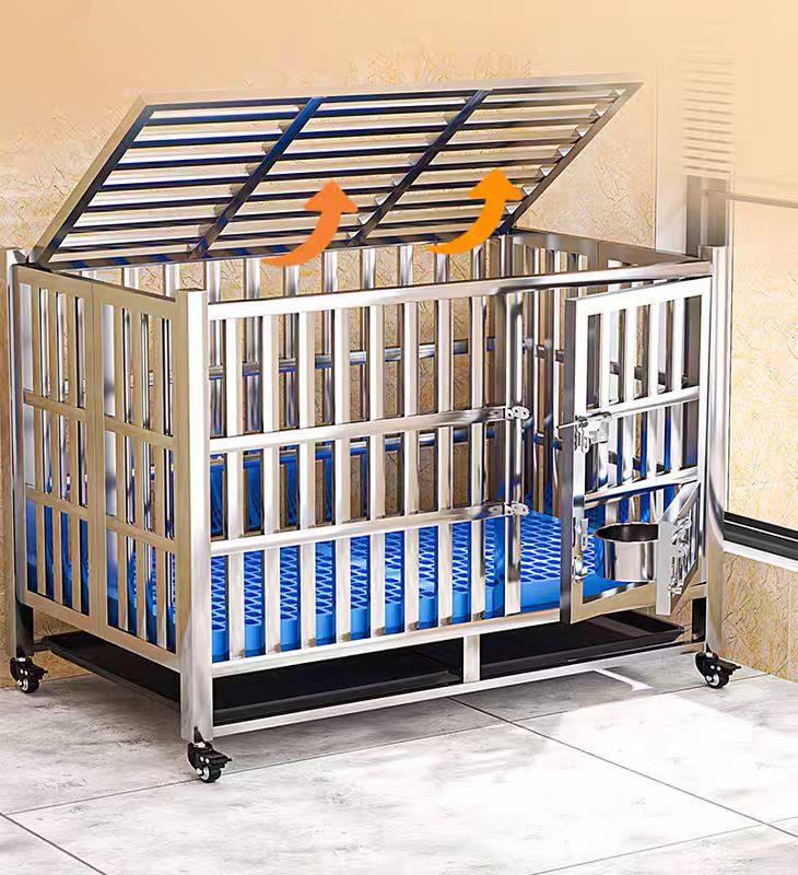 Sturdy stainless steel large space pet dog house, 3 doors durable, foldable pet cage, rust-proof pet cage