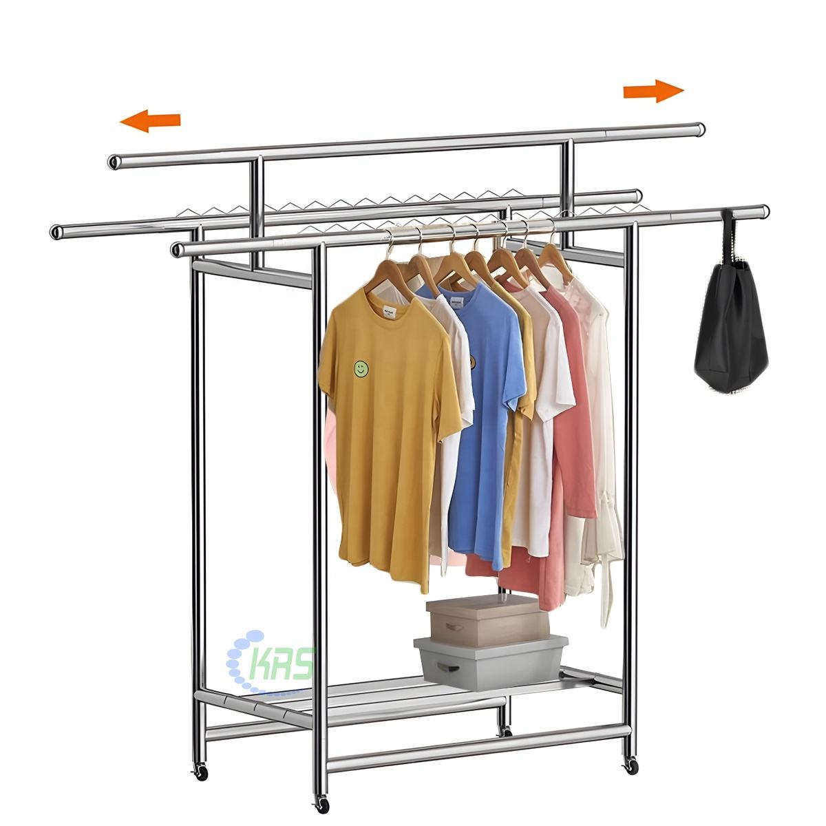 Heavy duty removable telescopic clothes rack with bottom roller, stainless steel foldable clothes rack rod for indoor/outdoor