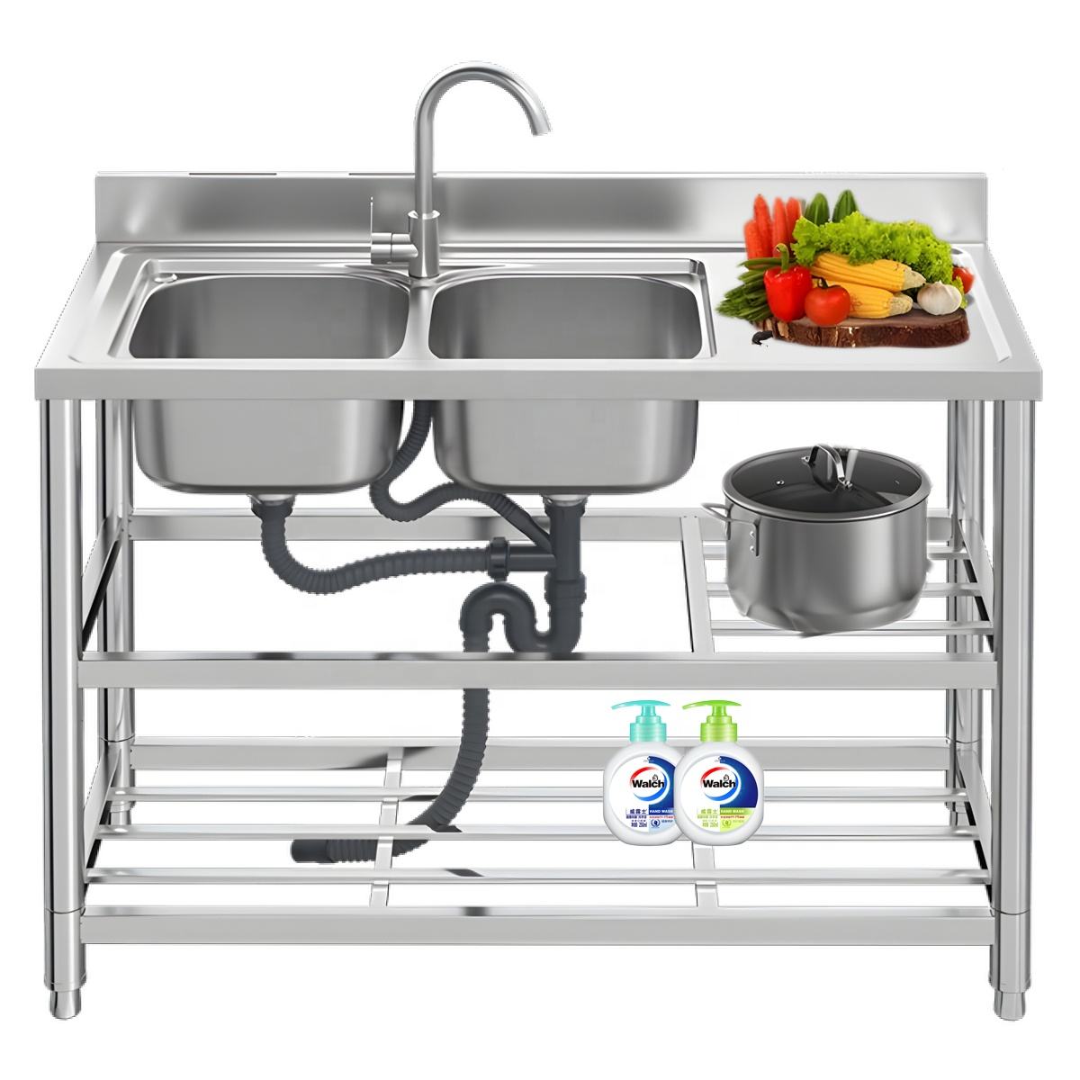 Commercial Stainless Steel 2 Compartment Kitchen Sink Double Bowl with Backsplash Shelf Indoor/Outdoor Food Prep Station Sinks