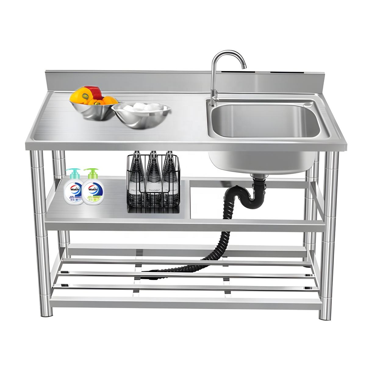 Exquisite Stainless Steel Kitchen Worktable with Single Bowl Sink Prep Utility Workbench with Storage Shelves