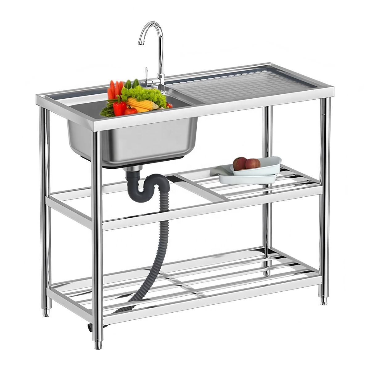Commercial Kitchen Stainless Steel Worktop Sink Manufacturer's Free Standing Single Basin Storage Shelf One Hole Configuration