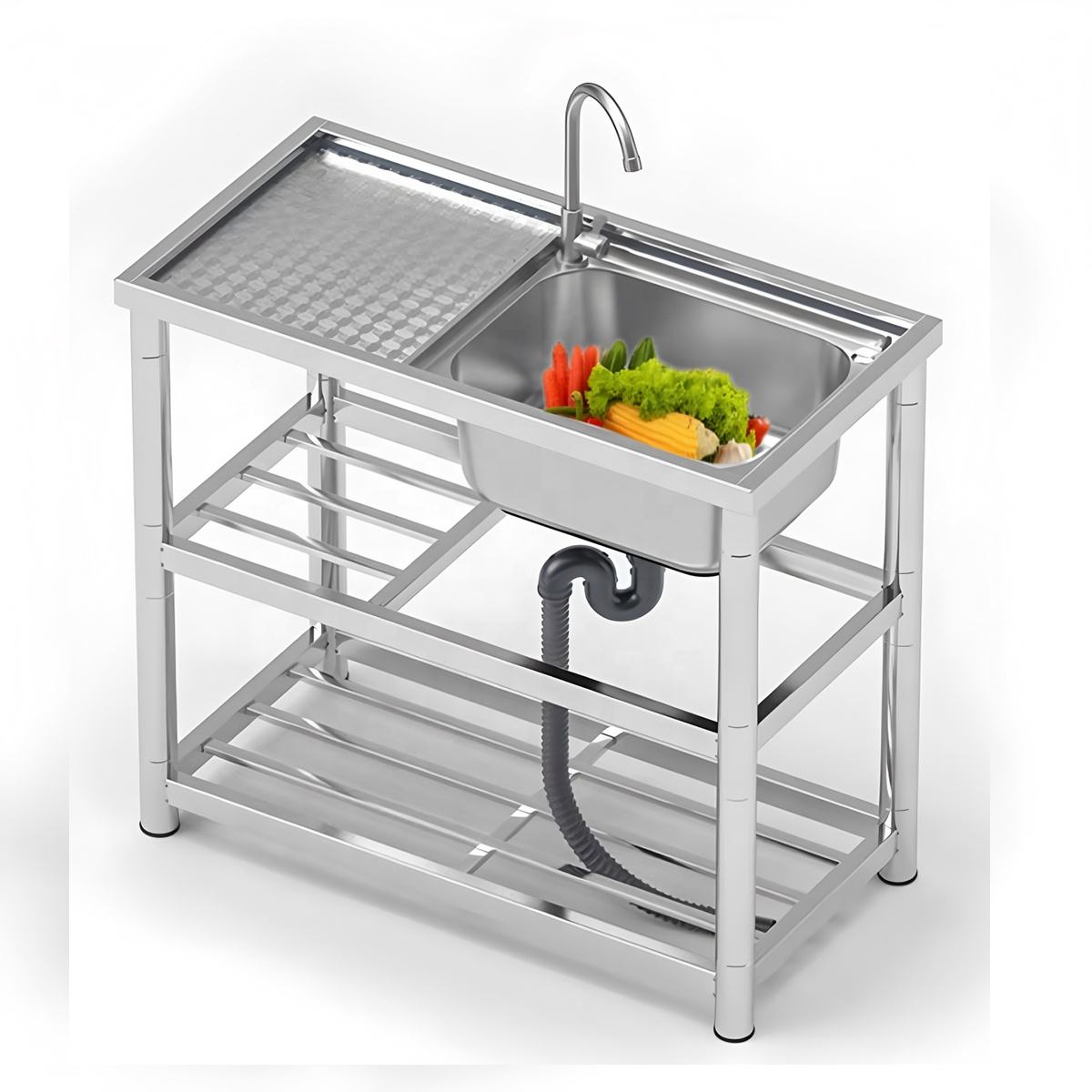 All Stainless Steel Single Bowl Sink 90CM Free Standing Kitchen Working Platform Square Shape Two Holes Sink for Washing