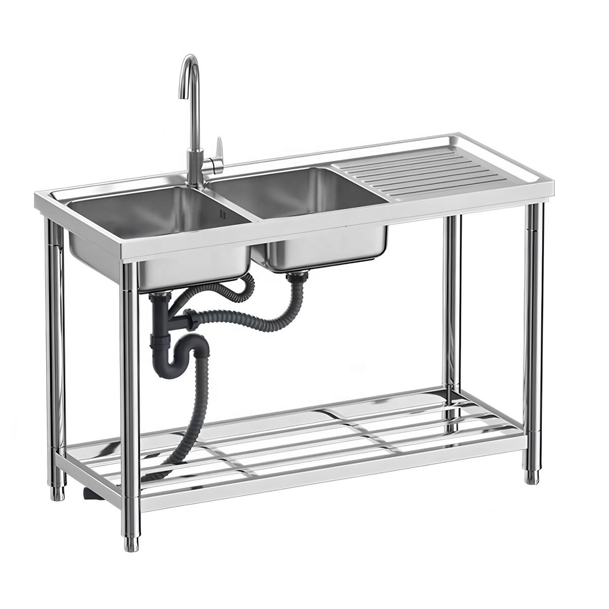 High Quality Free Standing 304 Stainless Steel Kitchen Sinks Double Square Compartment Undermount 2 Compartment Sink Kitchen