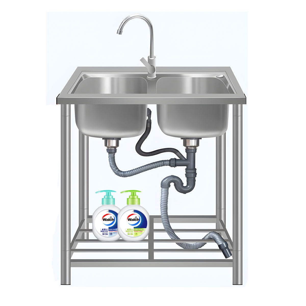 Modern Stainless Steel Sink Free Standing Double Bowl Basin Commercial Cleaners' Sink for Kitchen Outdoors-Handmade Drainer