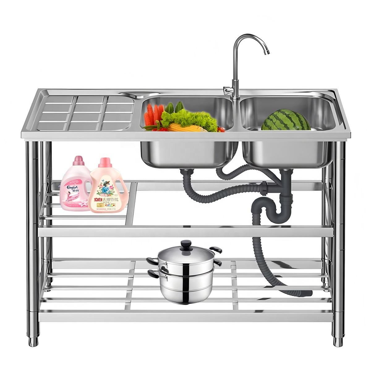 Portable Stainless Steel Utility Sink with Work Table & Storage Shelf Stainless Outdoor Garden Kitchen Sink for Camping/RV/Cabin