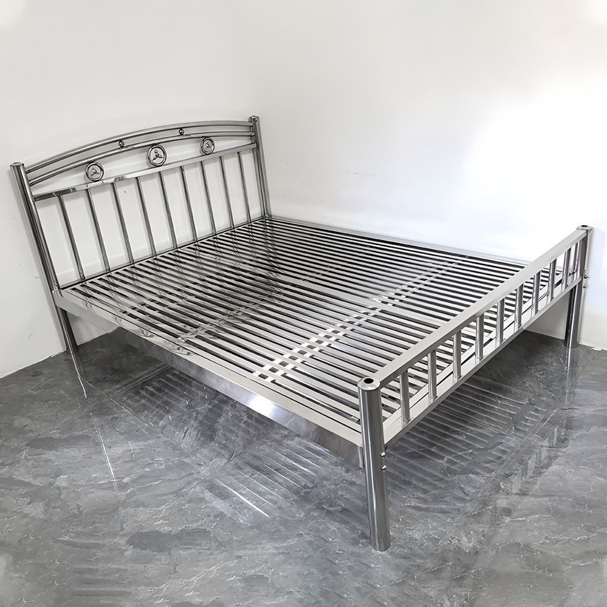 Heavy-Duty Stainless Steel Bed Easy Assembly High Weight Capacity Frame Single Double Bed for Home Hotel Apartment Rental