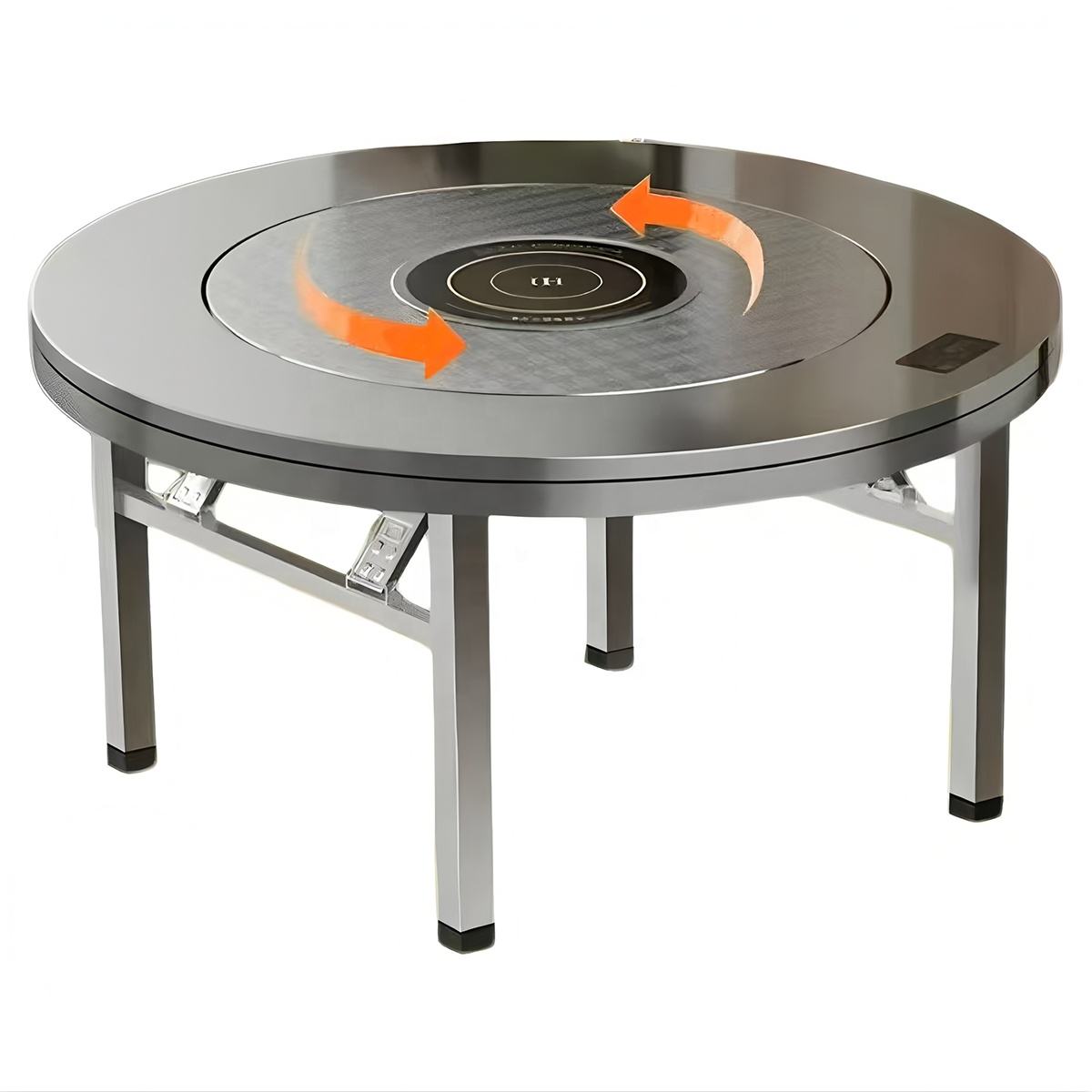 Foldable Stainless Steel Round Dining Table Built-In Induction Cooker & 360° Rotating Turntable Tables for Home & Restaurant Use