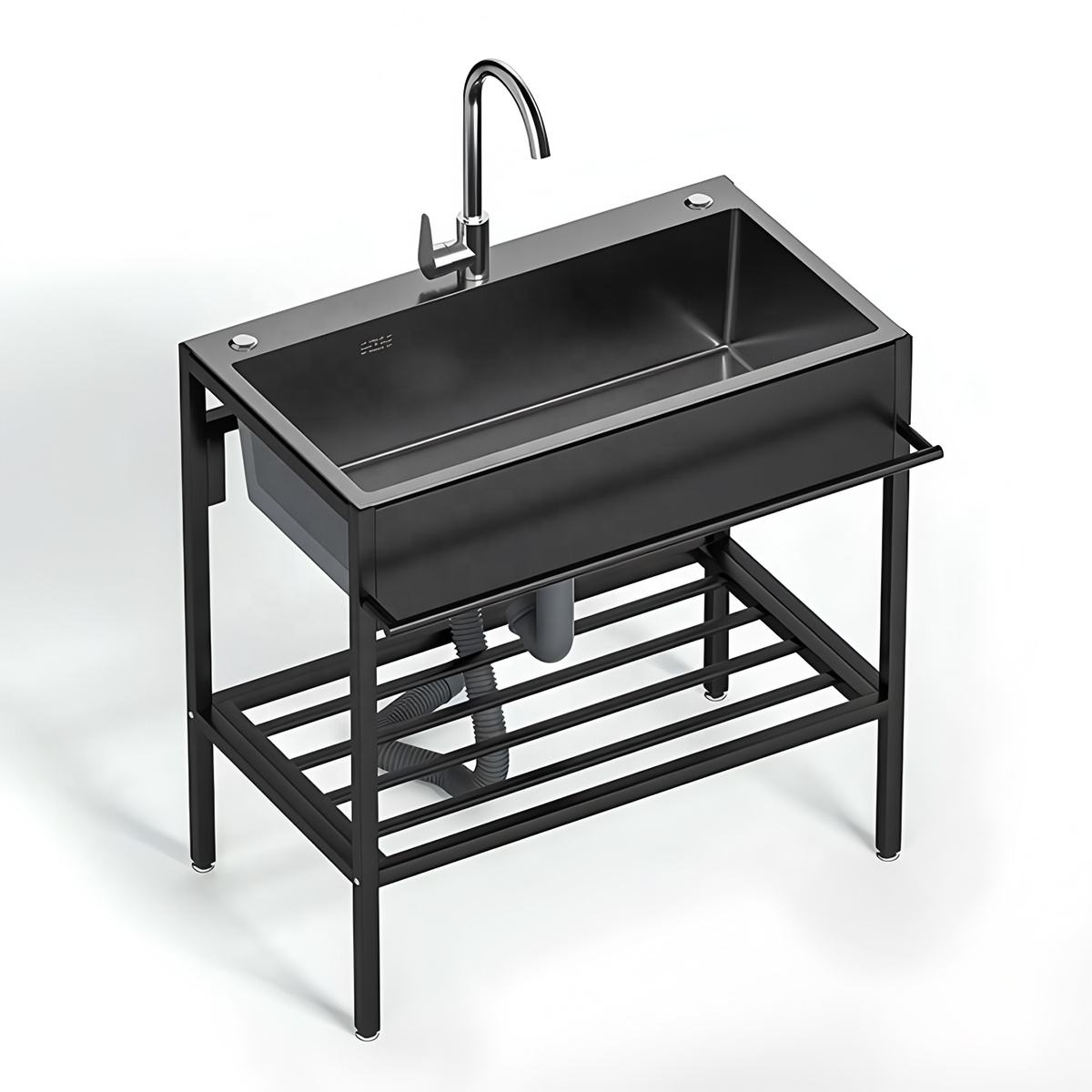 Freestanding Stainless Steel Single Bowl Kitchen Sink with Two Holes Black Undermount Installation for Home Hotel Restaurant