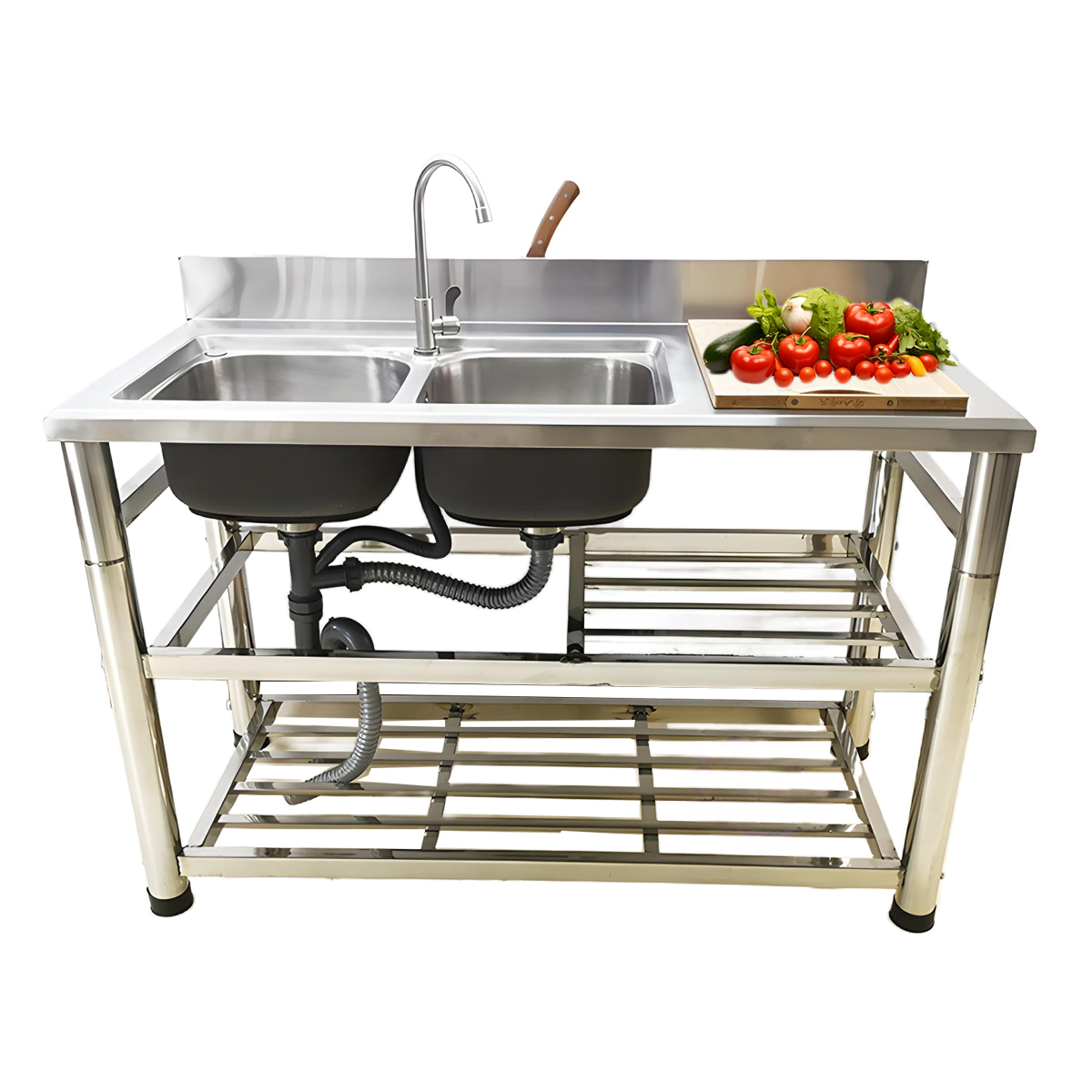 Stainless Steel Double Bowl Commercial Kitchen Sink with Drainboard Reinforced Frame & Legs Integrated Worktop & Storage Shelf