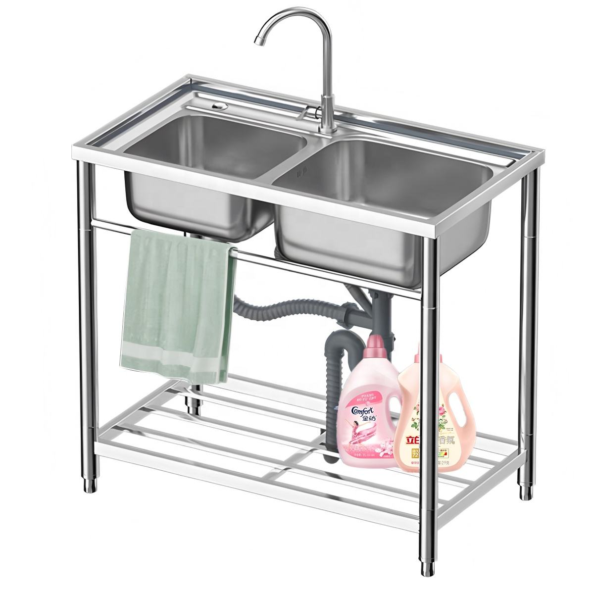 Rust-Resistant Stainless Steel Double Bowl Sink Freestanding Easy-Clean Hand Wash Basin for Bathroom Washroom Cleaning Stations