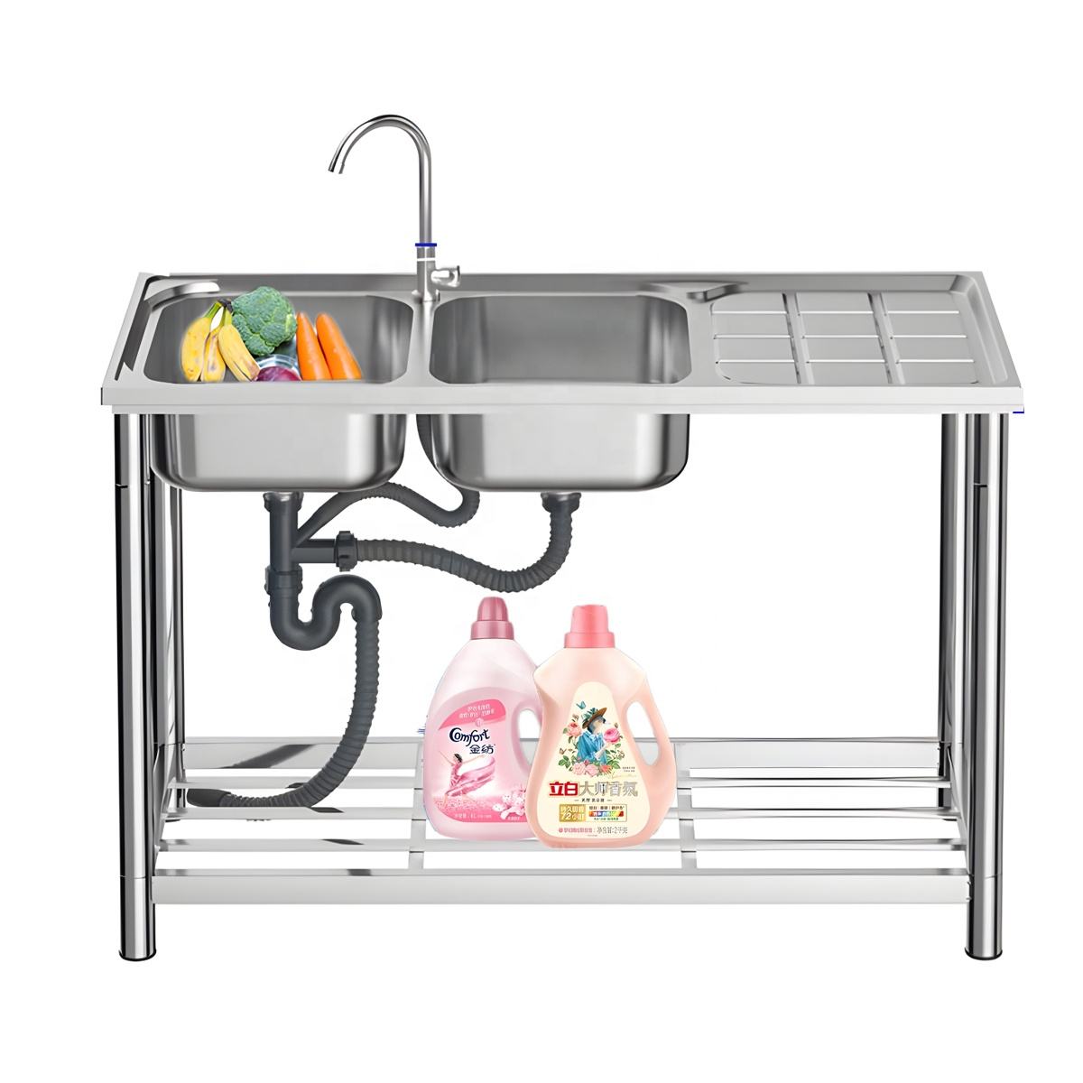 Free Standing Stainless Steel Double Bowl Sink with Bottom Storage Shelf Two Holes Cleaning Sink for Commercial and Home Used