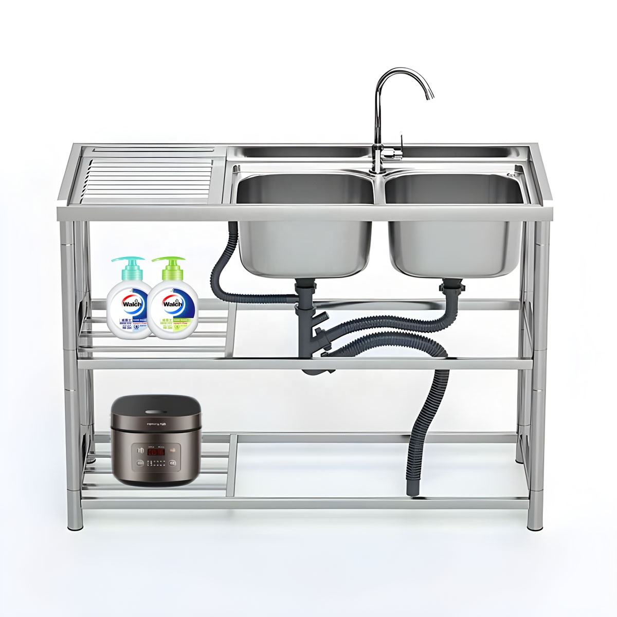Modern Commercial Stainless Steel Kitchen Sinks Integrated Workbench & Shelf Double Drainer Washing Sink for Restaurant & Hotel
