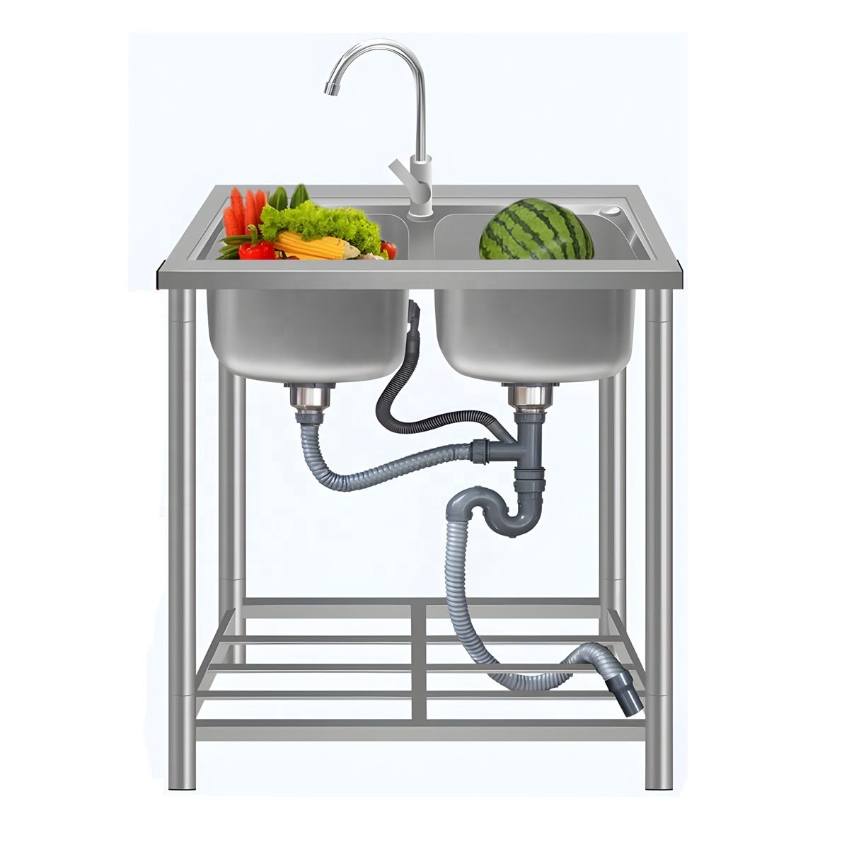 Hot Sell Commercial Free Standing Floor Stand Cleaner's Basin Mall Kitchen Double Bowl Sink Stainless Steel Industrial Hand Sink