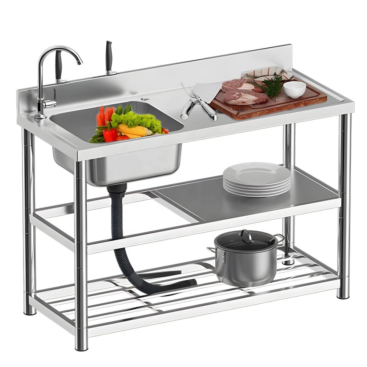 Detachable Commercial Stainless Steel Utility Kitchen Sinks for Indoor Outdoor Washing Hand Basin Bathroom Sink with Drainboard