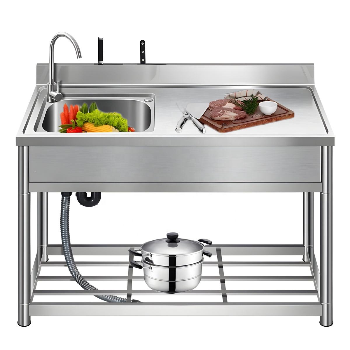 Detachable Stainless Steel Single/Double Bowl Sink Built-in Worktable & Storage Shelf Sinks for Kitchen Bathroom Indoor/Outdoor