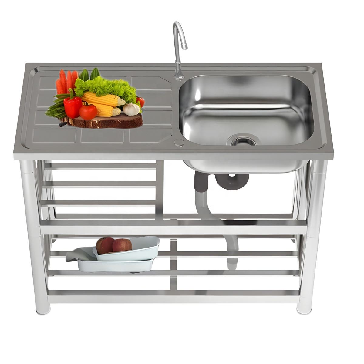 Detachable Stainless Steel Portable Sink Single Bowl Freestanding Non-Porous Garden Kitchen Bathroom Sink for Outdoor/Indoor Use