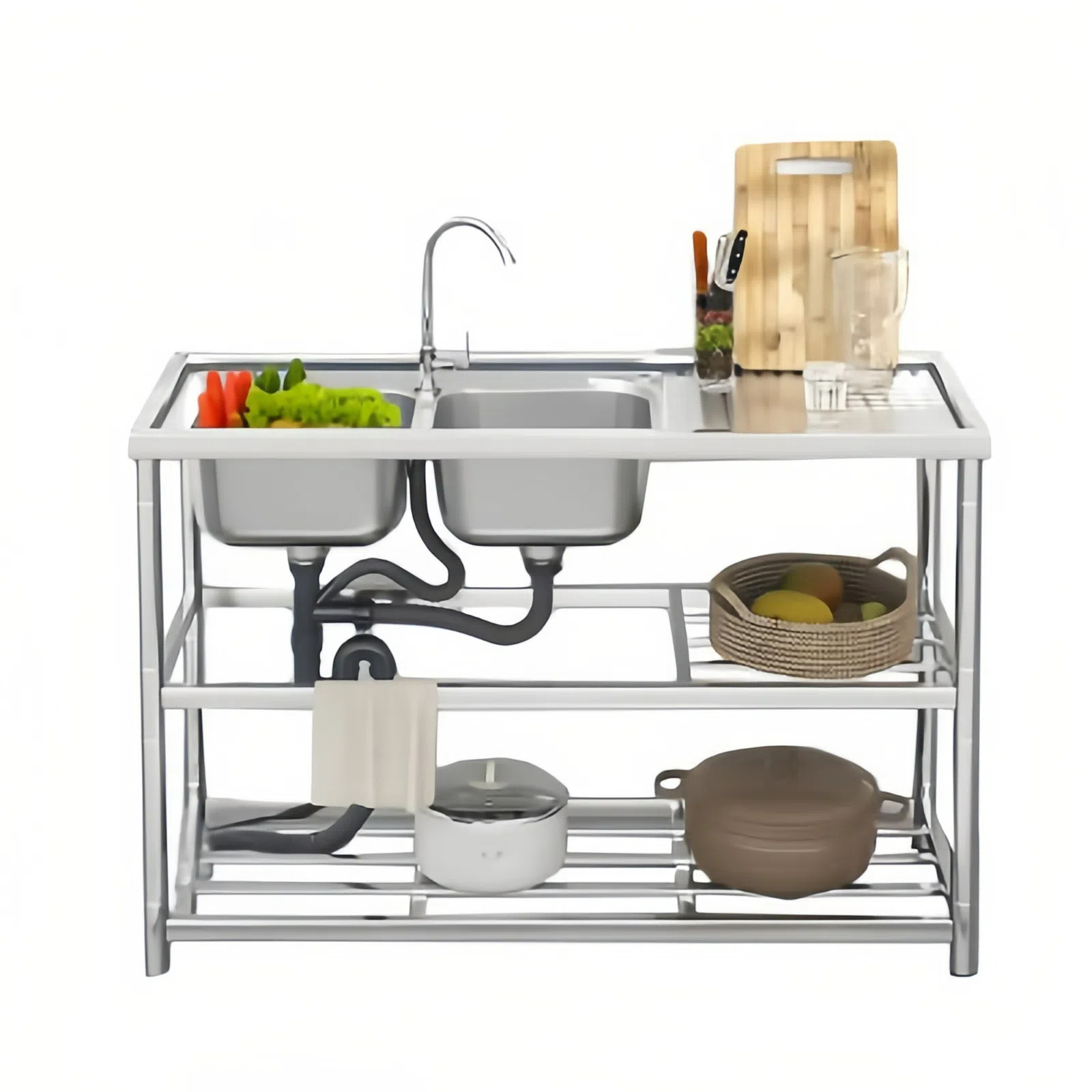 Detachable Stainless Steel Sink with Countertop & Storage Rack Freedstanding Double Bowl Sinks for Home & Commercial Kitchen