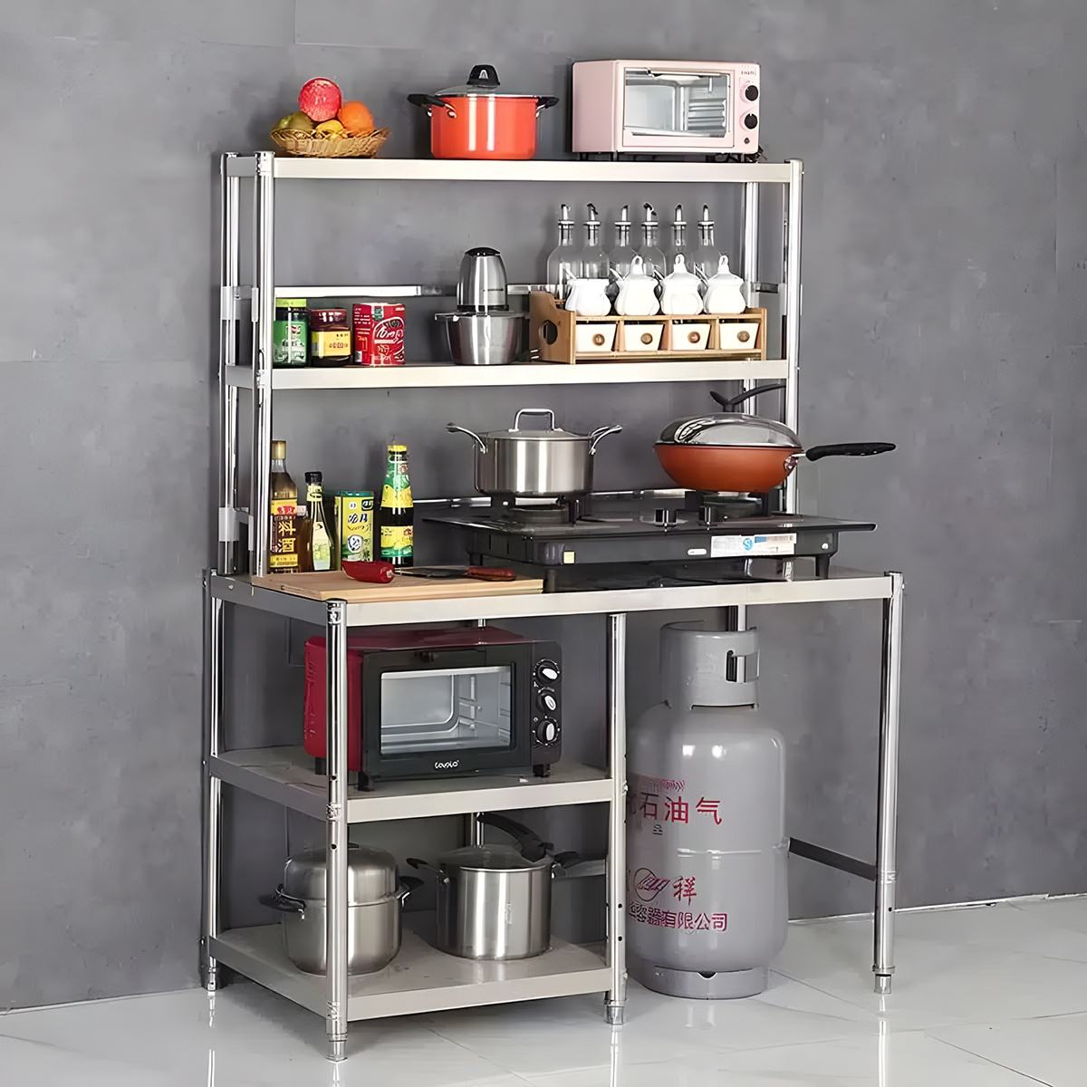 Stainless steel embedded gas stove rack, portable three-layer gas tank rack, kitchen workbench kitchen storage rack