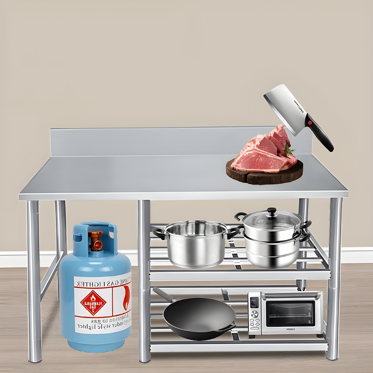 Outdoor/indoor, portable commercial stainless steel gas storage rack 3-layer, household shelf kitchen stable storage workbench