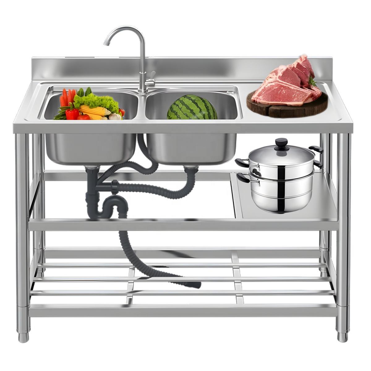 Separable Stainless Steel Double Bowl Commercial Kitchen Sink Table Easy Install Portable Under Storage Rack Two Holes Sinks