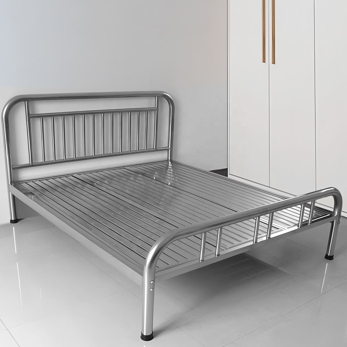 Heavy Duty Metal Bed Easy Assemble Strong Single Double Beds for Home Hospital Use Modern for Bedroom Stainless Steel Bed