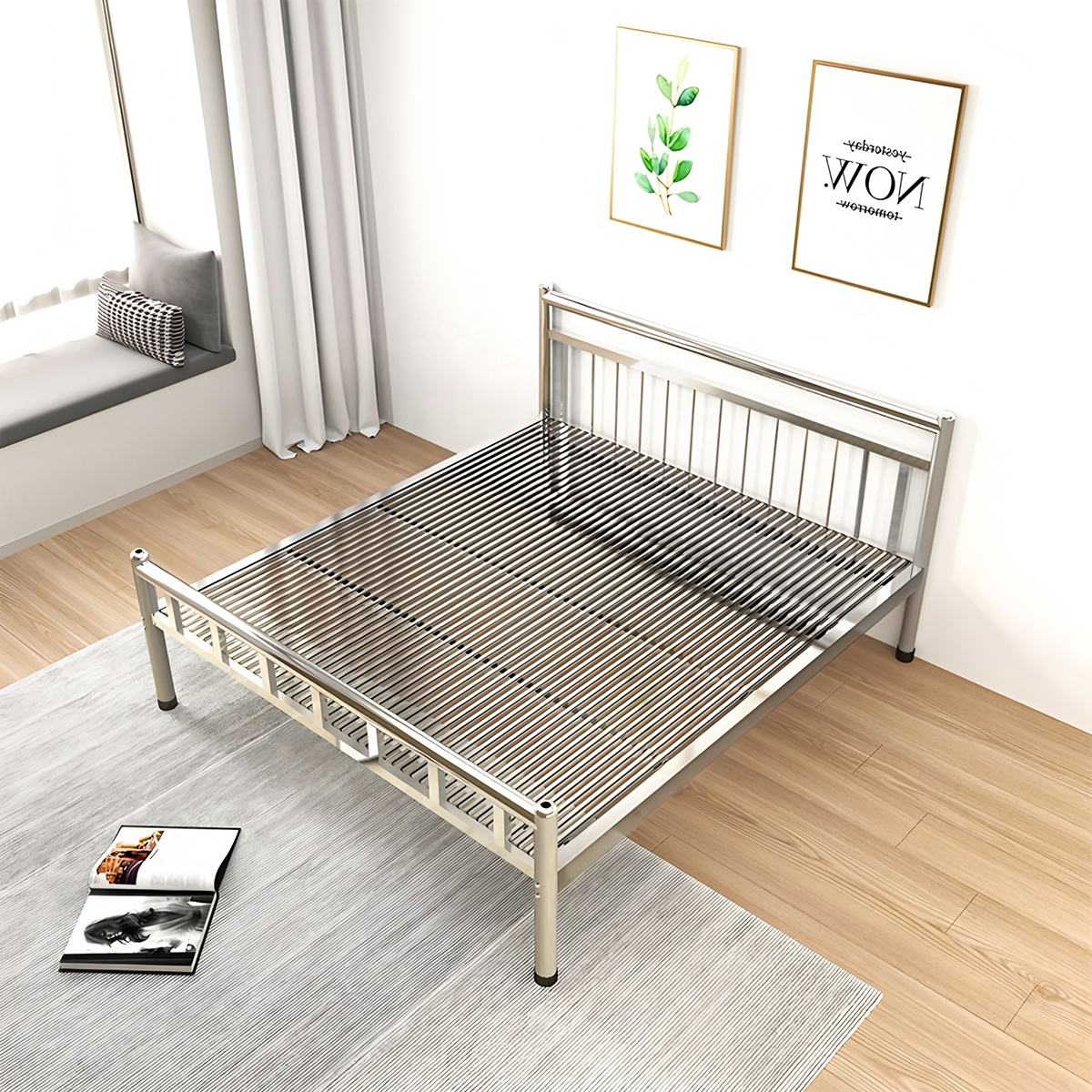 Heavy-Duty Stainless Steel Bed Metal Furniture Single & Double Stainless Beds for Bedroom Hostel Hotel Apartment Use